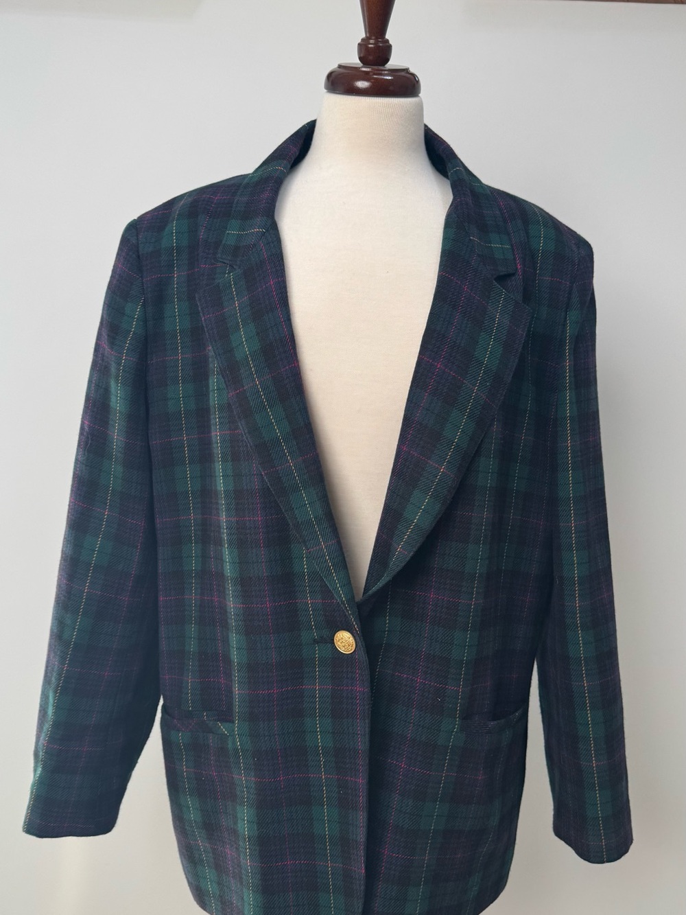 Boston Traveler Vintage Classic Single-Button Blazer Jacket - Green Plaid L/XL